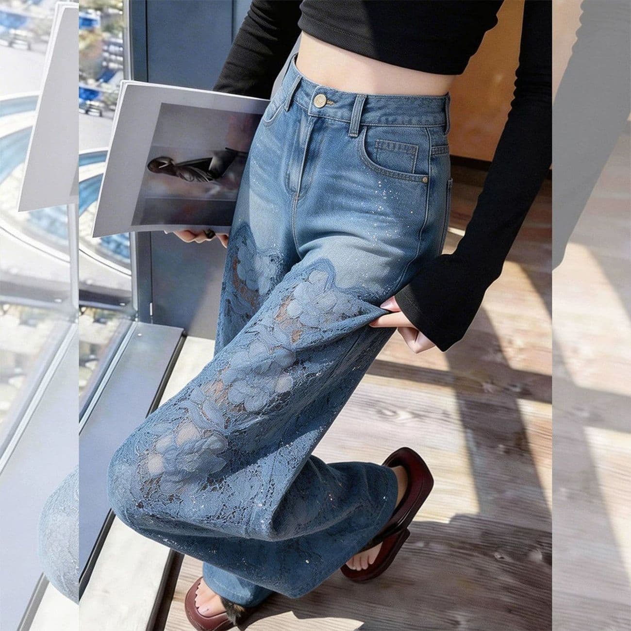 Factory Direct NS Ultra-Trendy Chinese-Style Design Jeans for Women 2026 New Ethnic Embroidery High-Waist Slimming Wide-Leg