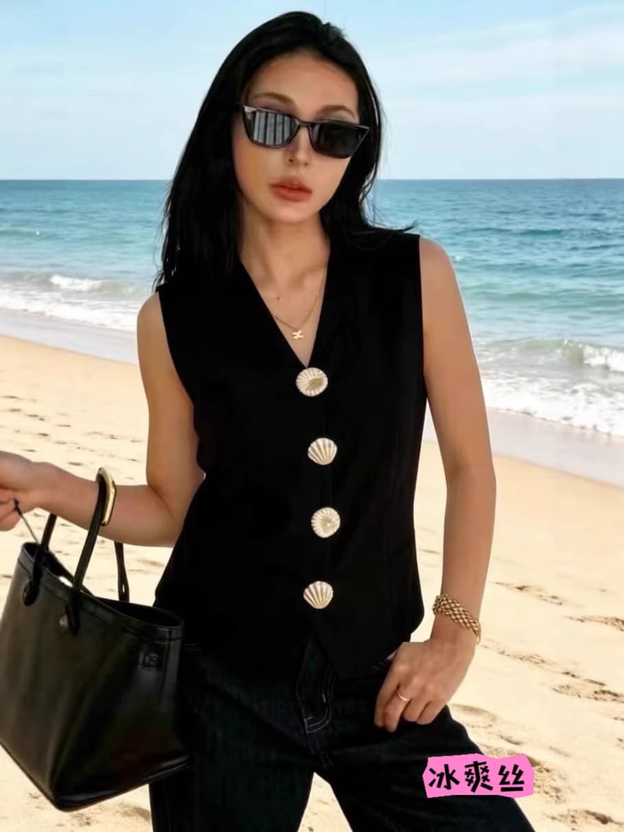 Black Small Blazer Vest for Women Summer Outerwear Design Sense Unique Distinctive High-End Sleeveless Top