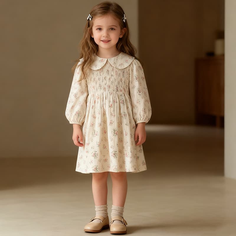 Girls dress, baby girl, French style long-sleeved floral Korean style spring and autumn style princess dress for little and middle-aged children.