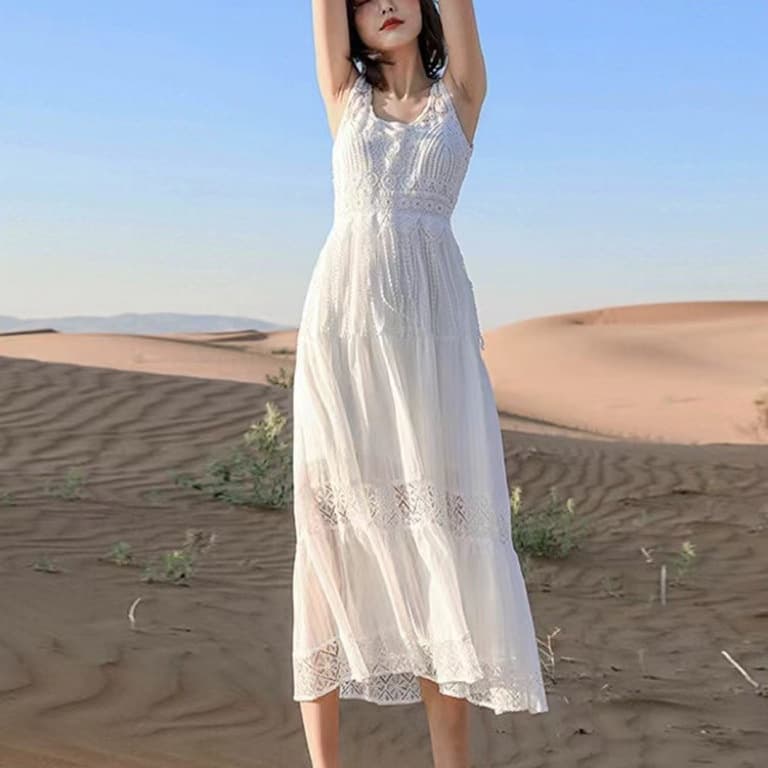 White cotton and linen suspender skirt 24 new style Yunnan Lijiang Sanya Xinjiang Thailand tourism ethnic style beach suspender