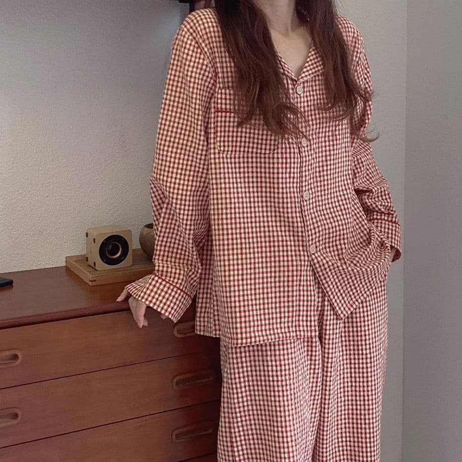 Korean style plaid pajamas women's long-sleeved thin cardigan autumn and winter plus size red home wear set for your birth year