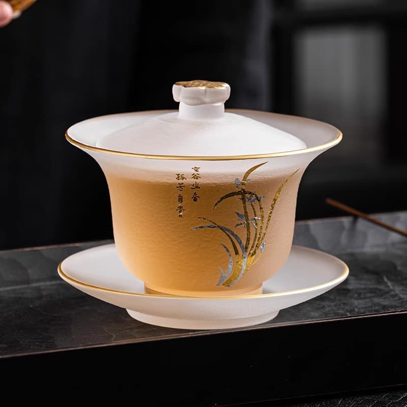 Hand-painted Crystal Glass Gold-trimmed Sancai Lidded Bowl Tea Bowl, Home Kung Fu Tea Set Thickened Heat-resistant with Lid Tea Brewer