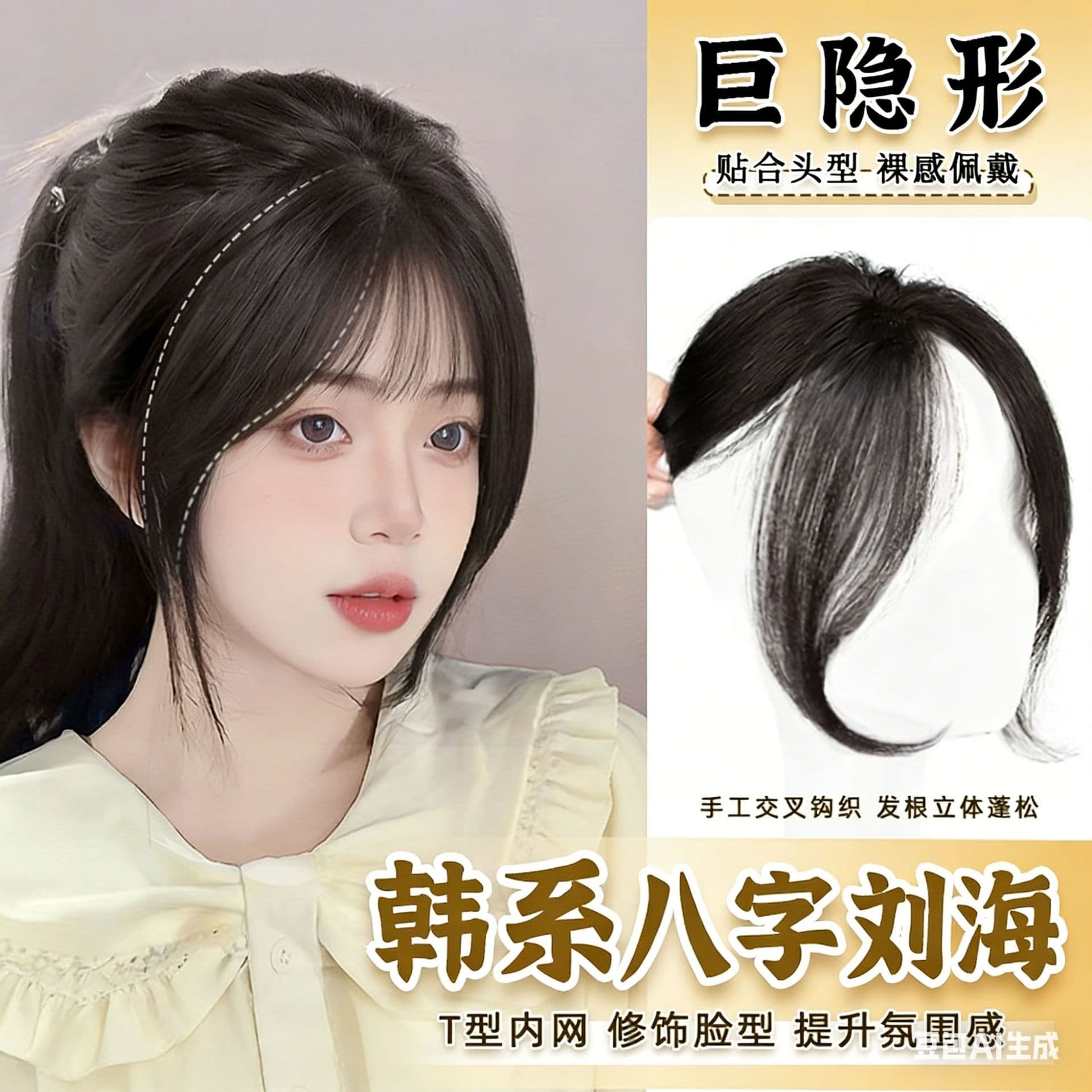 3D Curtain Bangs Wig for Women Natural Forehead Age-Defying Fringe French Style Sideburns Hairpiece