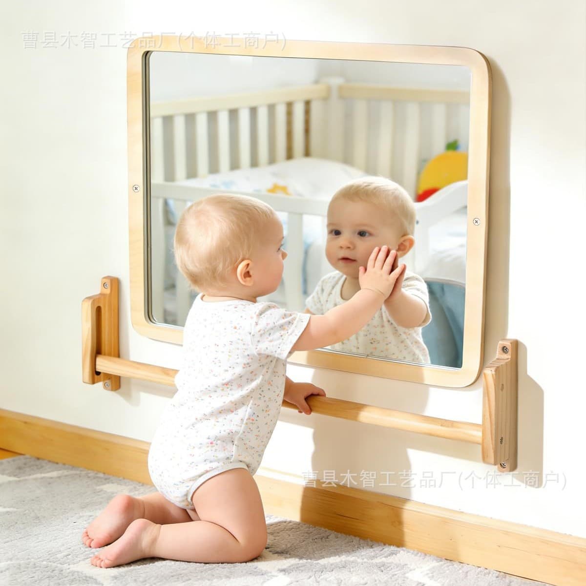 Cross-border Muzhi children's armrest mirror Montessori children's mirror adjustable children's wooden mirror pull-up baby mirror