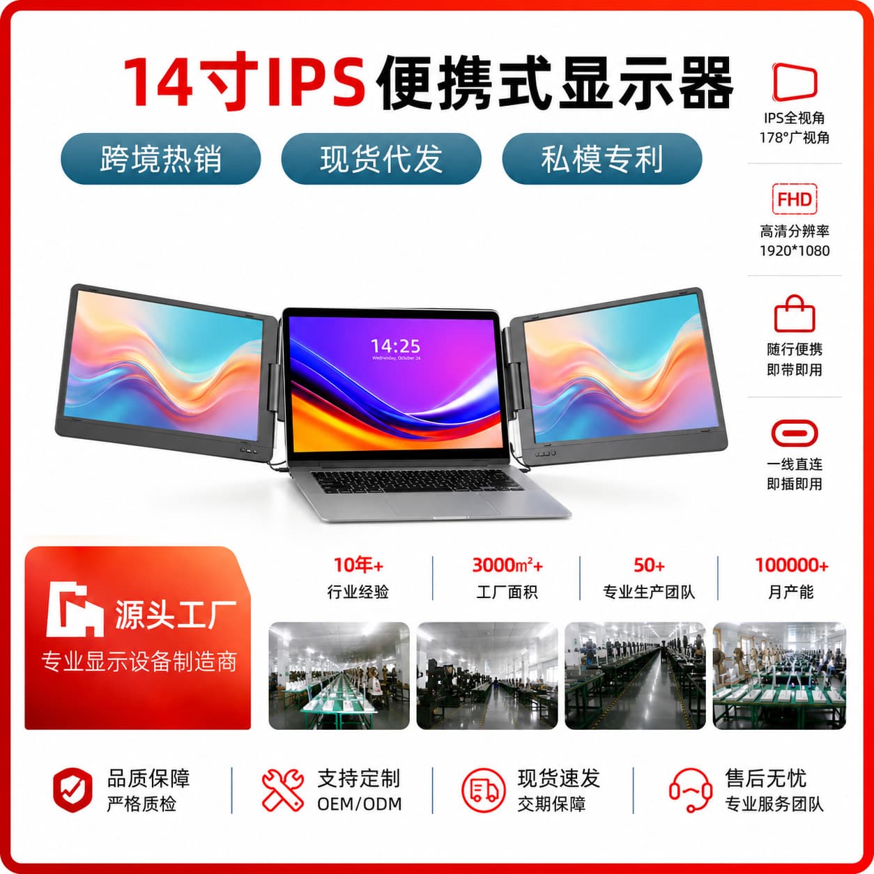 14-inch HD Portable Monitor Laptop Triple Screen Extension Lightweight Portable External Secondary Screen 1080P