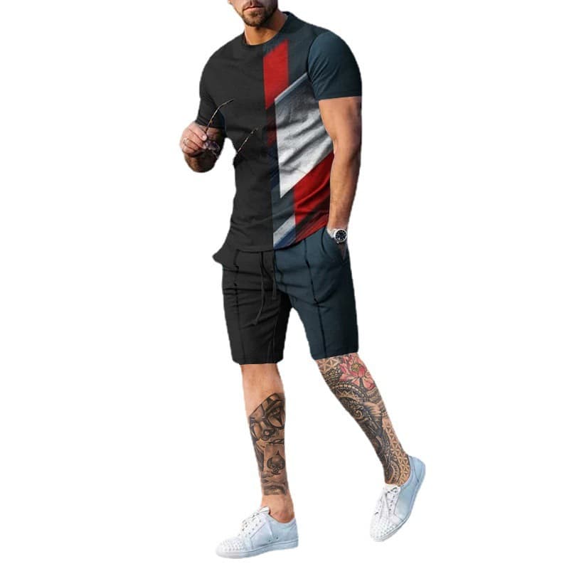 2023 Cross-Border Men's Summer Suit: Round Neck Short Sleeve Shorts, 3D Printed Slim Fit Men's Casual Sportswear