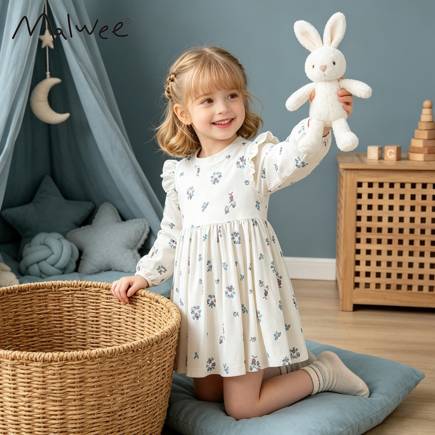 Cross-border Malwee New Children's Long-Sleeve Dress, Soft and Breathable Girls' Dress, European and American Style Kids' Dress