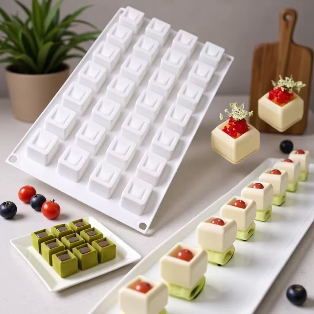 28-Cavity Square Recessed Cake Mousse Mold, Grid Silicone Chocolate Mold, DIY French Baking Tool