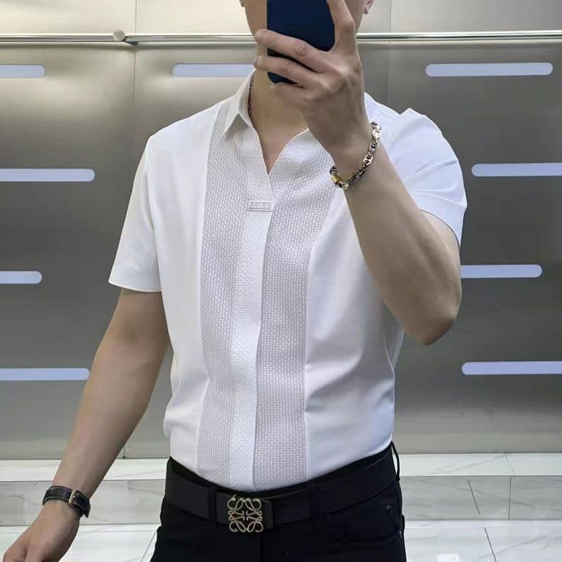 Summer Men's Lightweight Luxury Short Sleeve Shirt Fashion Business Casual Versatile Slim Fit Patchwork Half Sleeve T-shirt