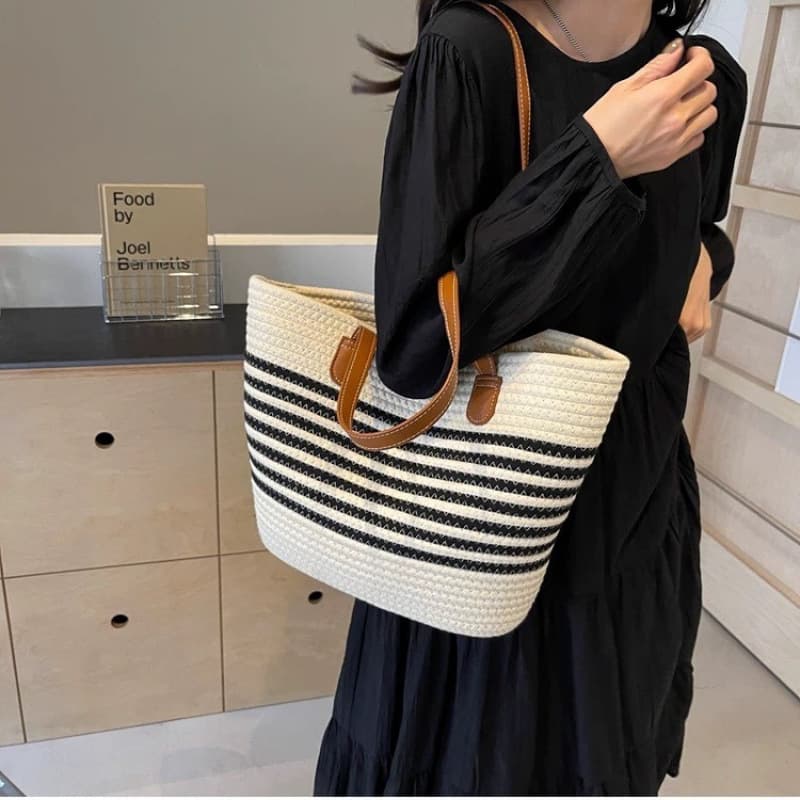 Travel Beach Bag, Shopping Bag, Korean Cotton Thread Handmade Woven Bag, Daily Commuting Bag, Shoulder Bag, Tote Bag, Vacation Bag