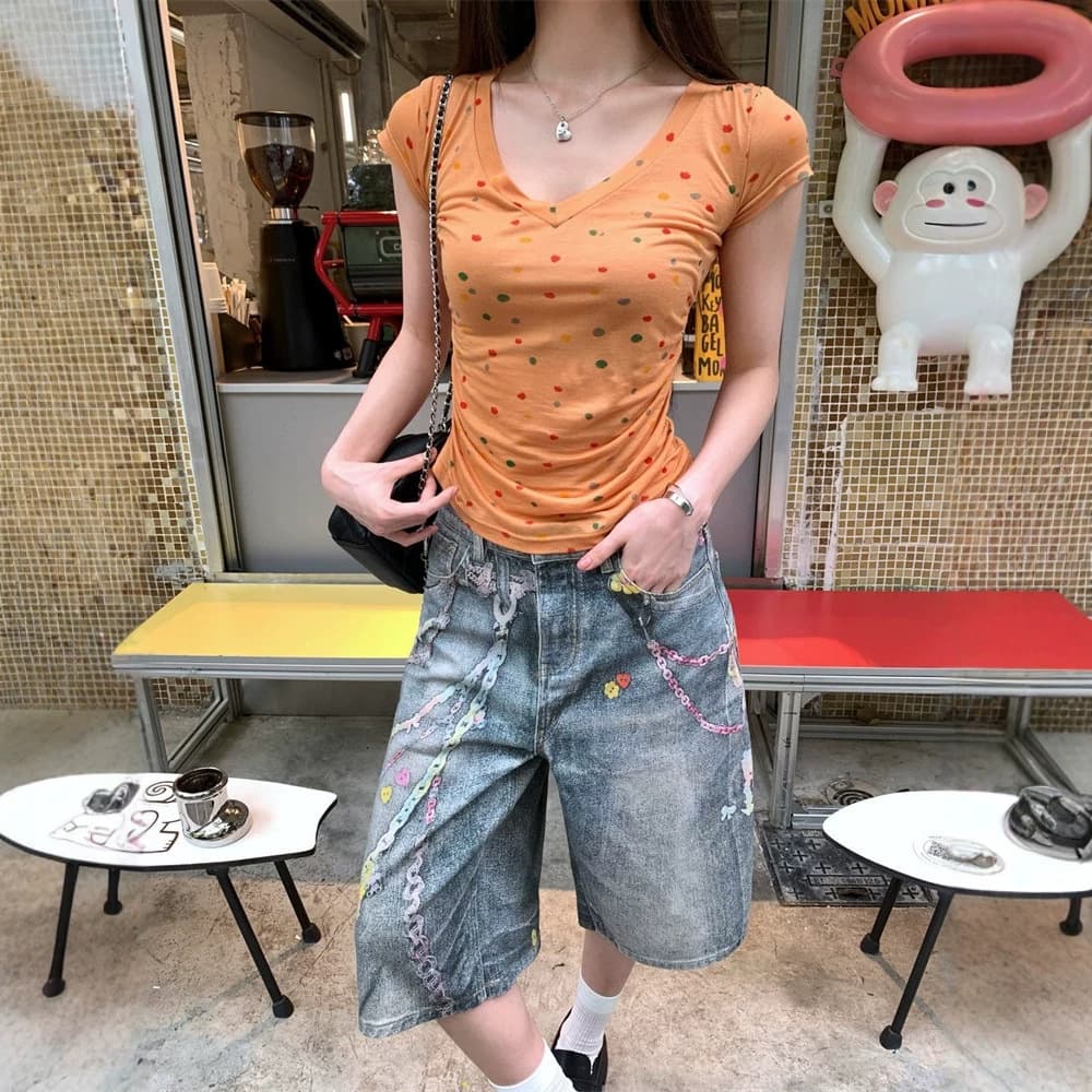 2026 Polka Dot Rainbow Market V-Neck Regular Shoulder Short-Sleeve T-Shirt for Women, Summer Waist-Cinching Slim-Fit Versatile Short Top, New Style