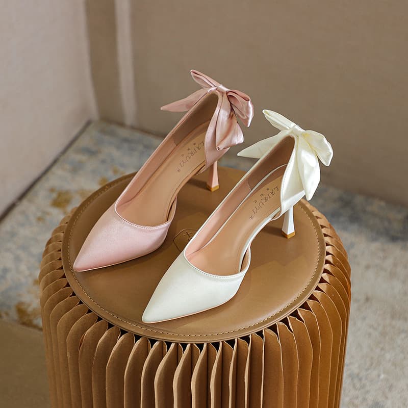 New Style French Side Hollow High Heels Women's Stiletto Satin White Shallow Mouth Versatile Shoes Large and Small Sizes