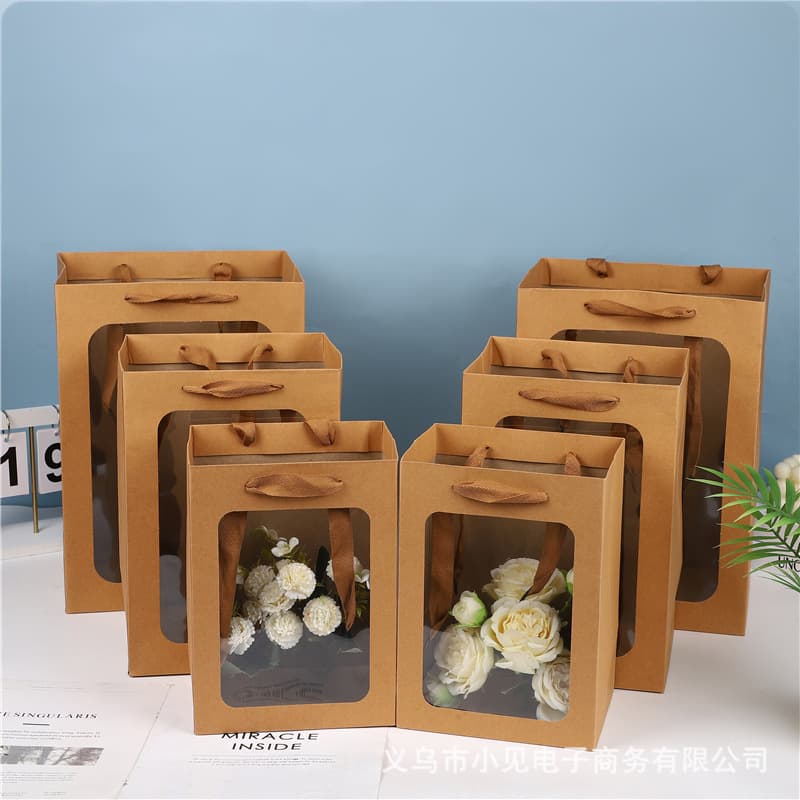 Thickened Kraft Paper Bag Transparent Handle Bag Plush Toy Gift Bag Flower Bouquet Doll Packaging Bag Gift Bag