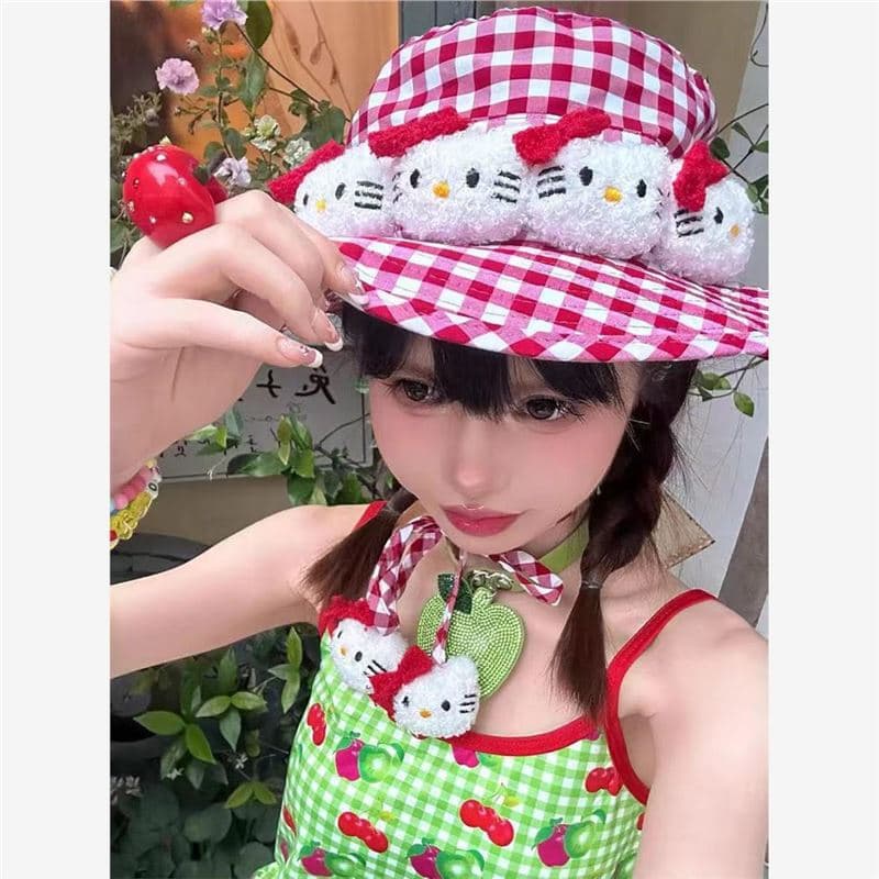New cute checkered KT bucket hat for beach picnics, y2k sweet dopamine fisherman hat with tie.