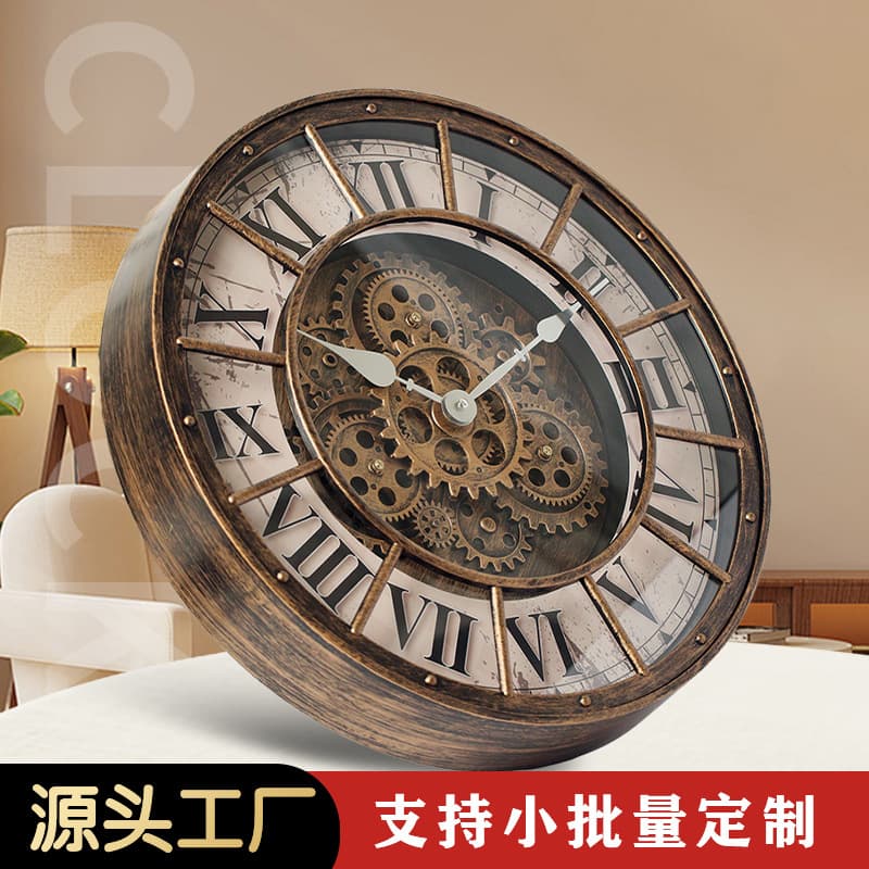18-inch gear wall clock, creative dynamic rotating clock, living room Nordic retro silent decorative light luxury American style clock.