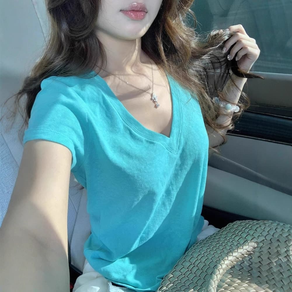 [Guangzhou Fabric Snowflake Linen Cotton] Blue V-Neck Regular Shoulder Short Summer Cool Short-Sleeved T-Shirt for Women in Summer