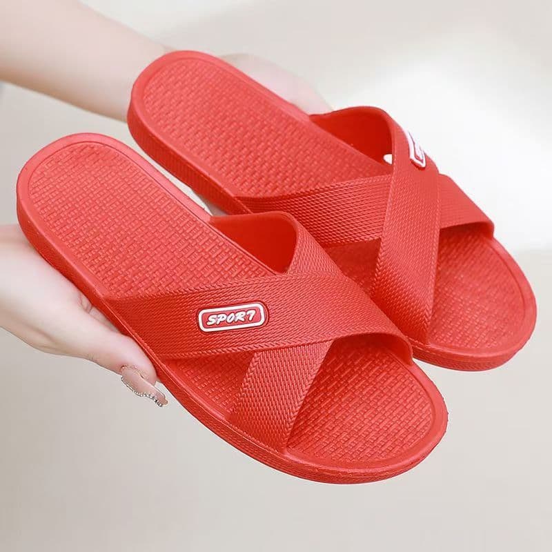 Women's Classic Slip-On Summer Home Slippers Anti-Slip Bathing Bathroom Cross Slides PVC Bottom Shoes Comfortable Flat Heel