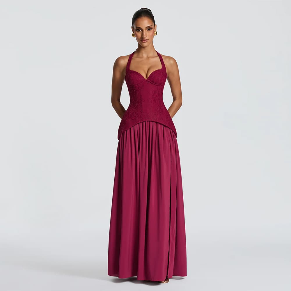 Export High-end European and American Women's Sexy Off-Shoulder Halter Neck Dress Long Dress Pleated Fake Two-piece Banquet Dress