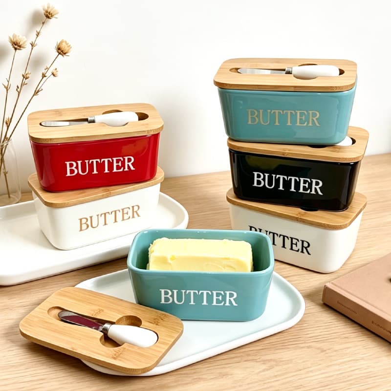 Ceramic butter box with knife sealed jar household cheese box rectangular kitchen storage box ceramic butter box