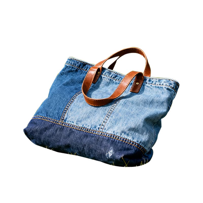 Custom Two-Tone Leather Handle Denim Bag Creative Patchwork Tote Bag Large Capacity Versatile Handbag Shoulder Bag