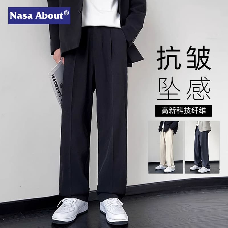 NASA Men's Straight Leg Fleece Lined Cargo Pants Slimming Leg Casual Loose Fit Spring Autumn Black High Waist No Belt