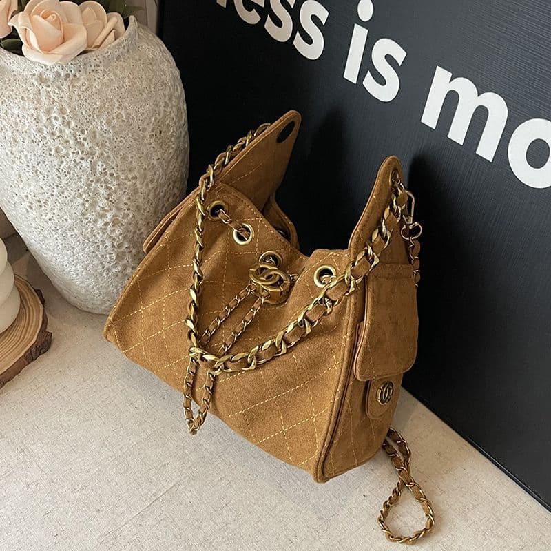 New Quilted Chain Bag for Women, Large Capacity Drawstring Bucket Bag, Shoulder Crossbody Motorcycle Bag, Trendy