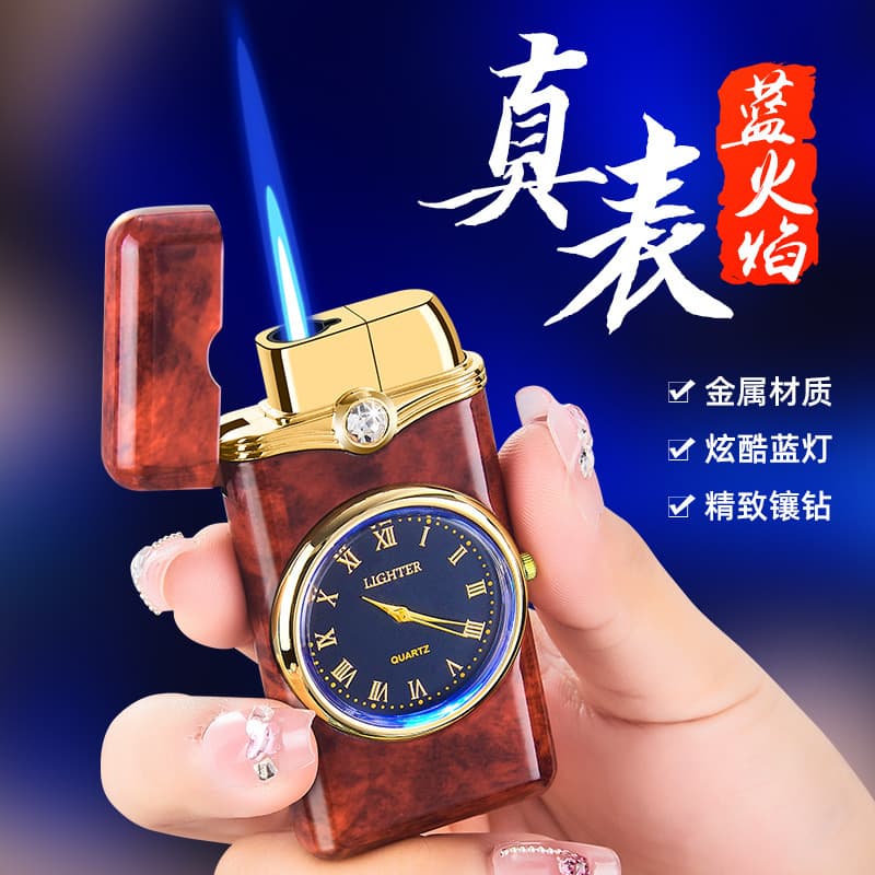 New Watch Inflatable Lighter Exquisite Blue Dial with Rhinestones Fashion Direct-Flame Cigarette Lighter TikTok Viral Hot Seller