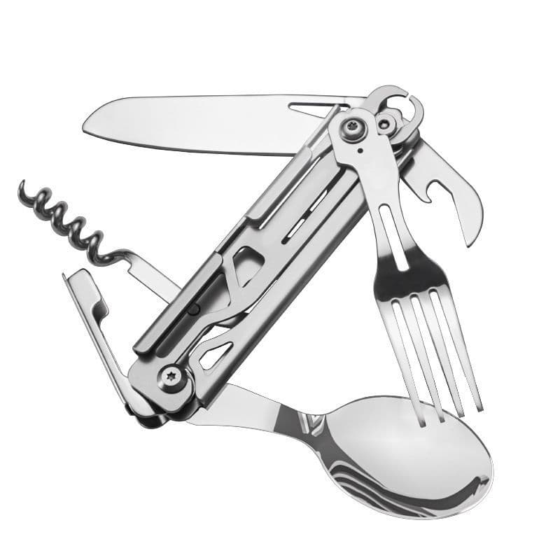 Outdoor stainless steel multi-function camping folding knife, fork, and spoon set, camping cutlery combination.
