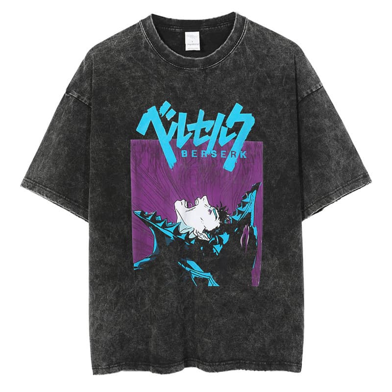 Washed Cotton Anime T-Shirt, Casual Japanese Streetwear Loose Short Sleeve Tee for Men, Vintage Print