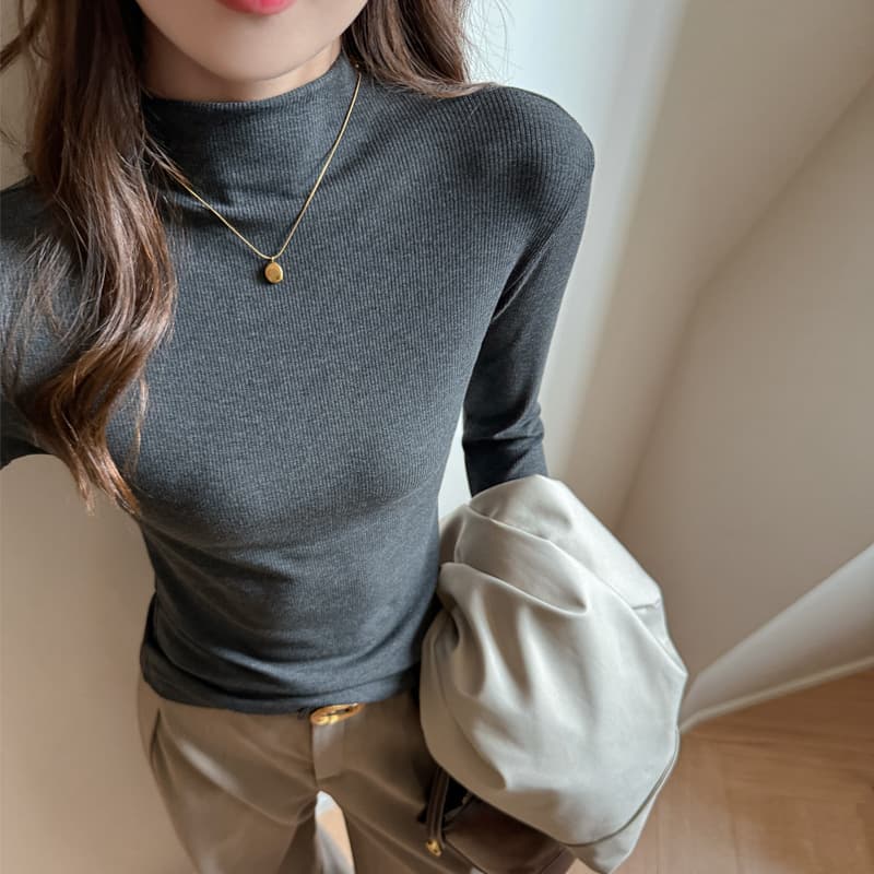Tencel Lyocell semi-high neck ribbed long sleeve regular shoulder base shirt women's inner wear autumn/winter high-end simple T-shirt