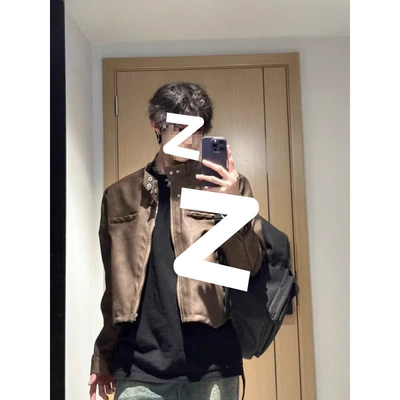 Brown Short Leather Jacket for Men, Autumn Season Sense of Cool American Trend Brand Motorcycle Leather Jacket, In Stock Zipper