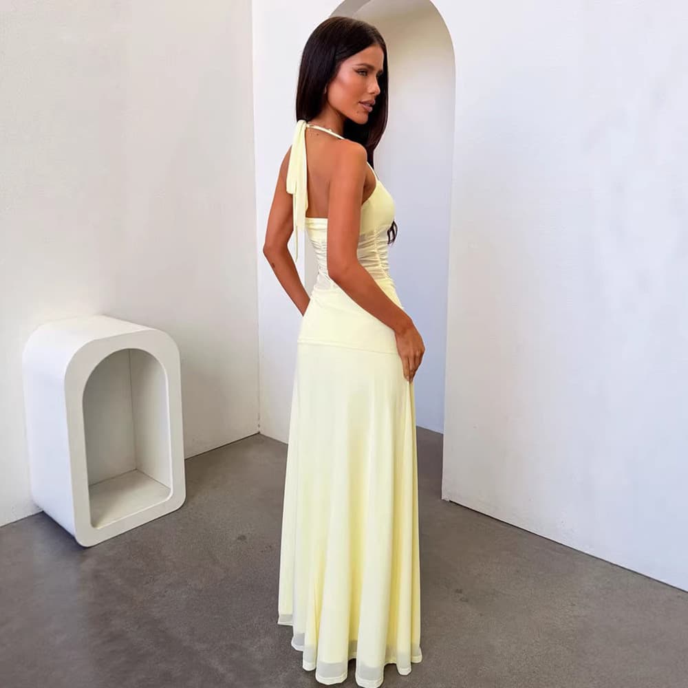 European and American Ins Summer New Elegant Sexy Low-Cut Halter Neck Dress Solid Color Waist Backless Fishtail Dress