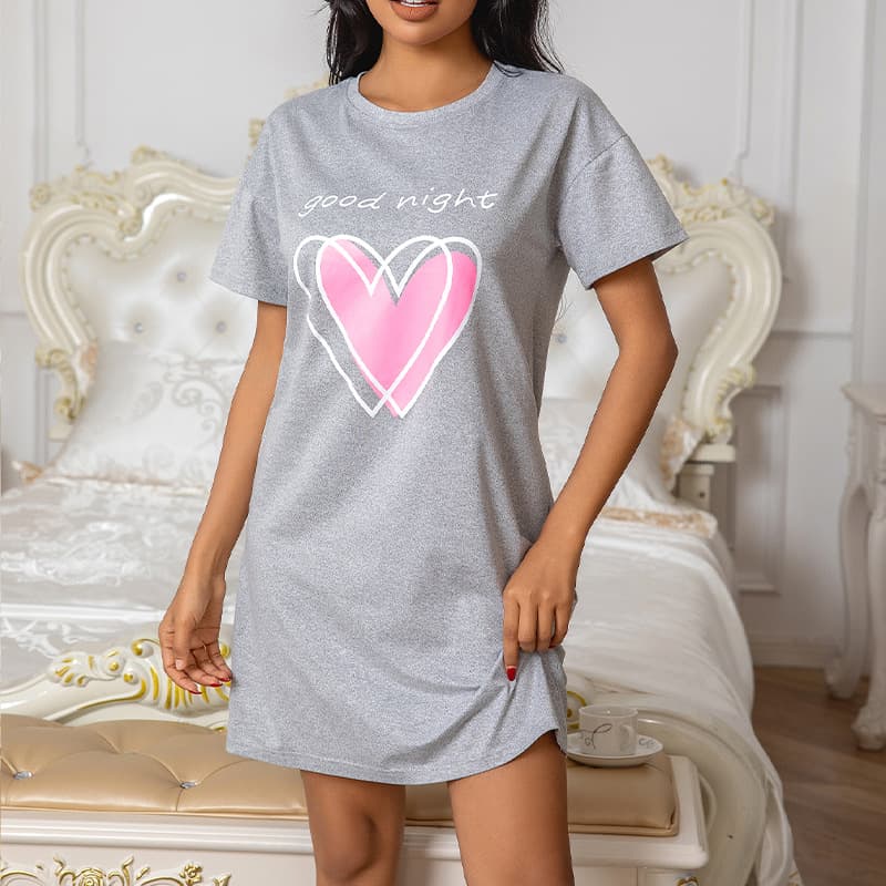Cross-Border Foreign Trade New Women's Pajamas Spring and Summer Love Printed Short-Sleeved Casual Nightgown