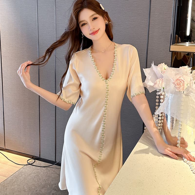 Curated Internet Celebrity Style Ice Silk Nightgown for Women Summer V-Neck Cool Short Sleeve Sexy Light Luxury Pajamas Homewear