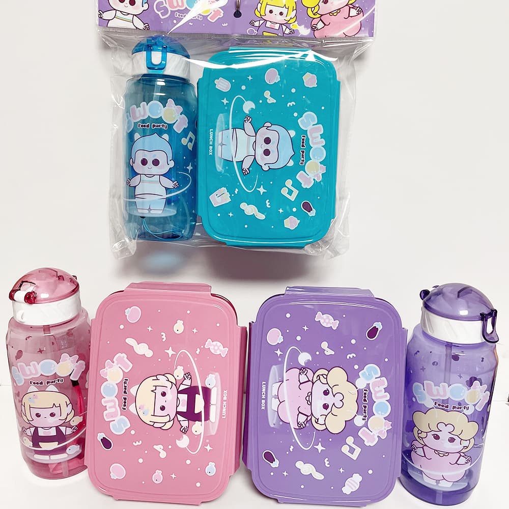 Rectangular cartoon lunch box straw kettle set children student lunch box set lunch box manufacturer 3103