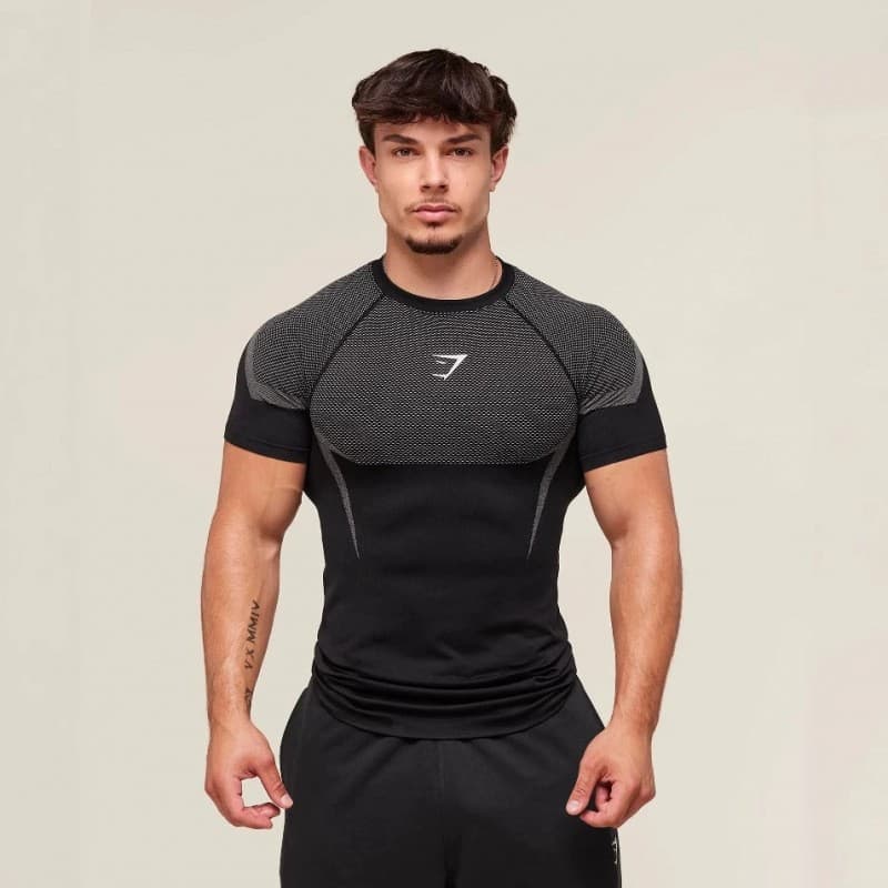 GYMSHARK Men's Muscle Shark Silicone Fitness Top Men's Running Quick-Dry Breathable Tight Short Sleeve T-Shirt