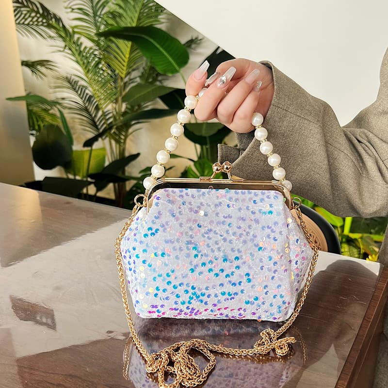 2024 Spring New Evening Bag Clasp Sequin Bag Pearl Chain Women's Crossbody Shoulder Bag Shell Bag