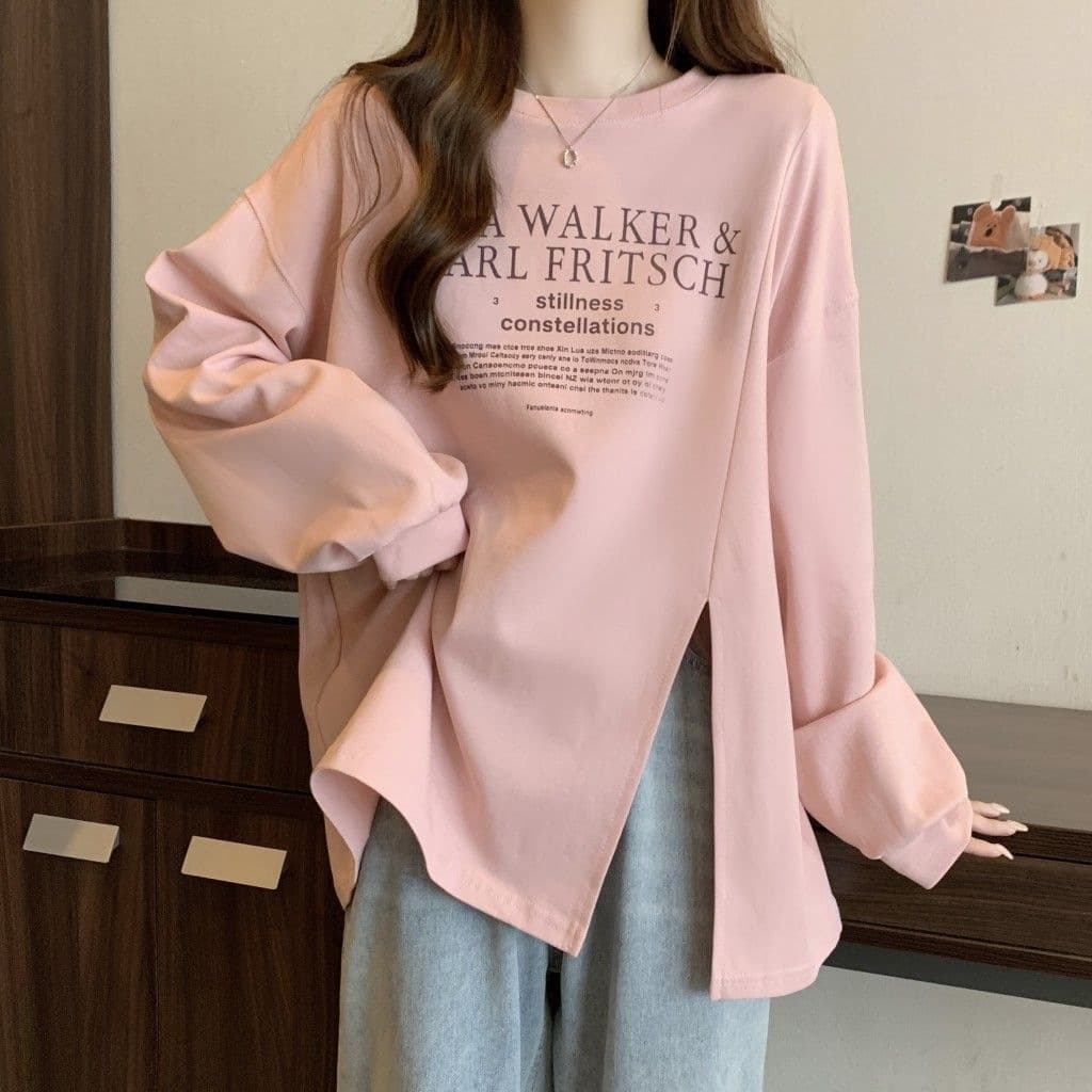 Split Long Sleeve Sweatshirt for Women, Fall Winter New Loose Plus Size Top
