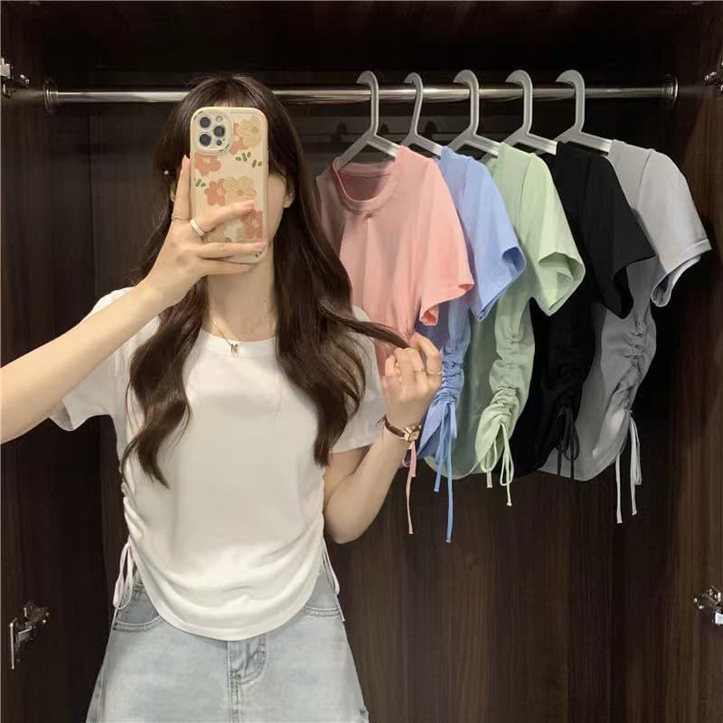 Sweet Round Neck Cropped T-shirt Women's Petite Design Sensibility Slimming Short Sleeves Cute Design