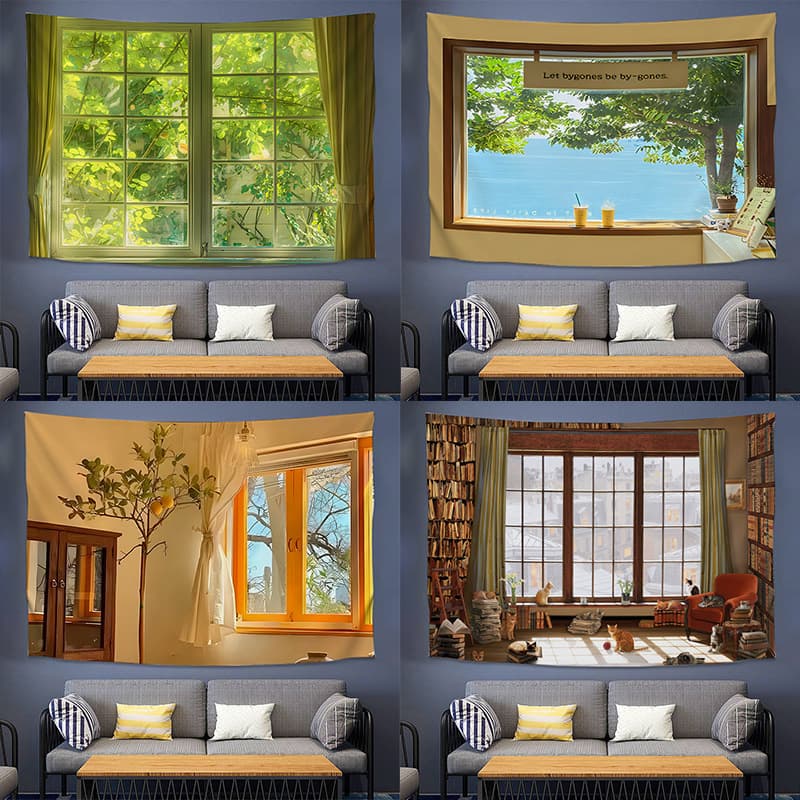 Ins Aesthetic Window Scenic View Wall Cloth for Live Streaming Background, Dorm Renovation, Bedroom Decorative Tapestry