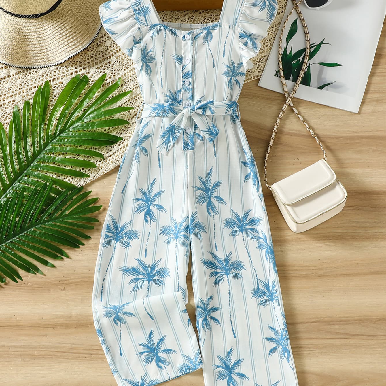 2026 Summer New Girls Ruffle Cap Sleeve Top with Wide Leg Pants Two-Piece Set, Casual and Comfortable Kids Set