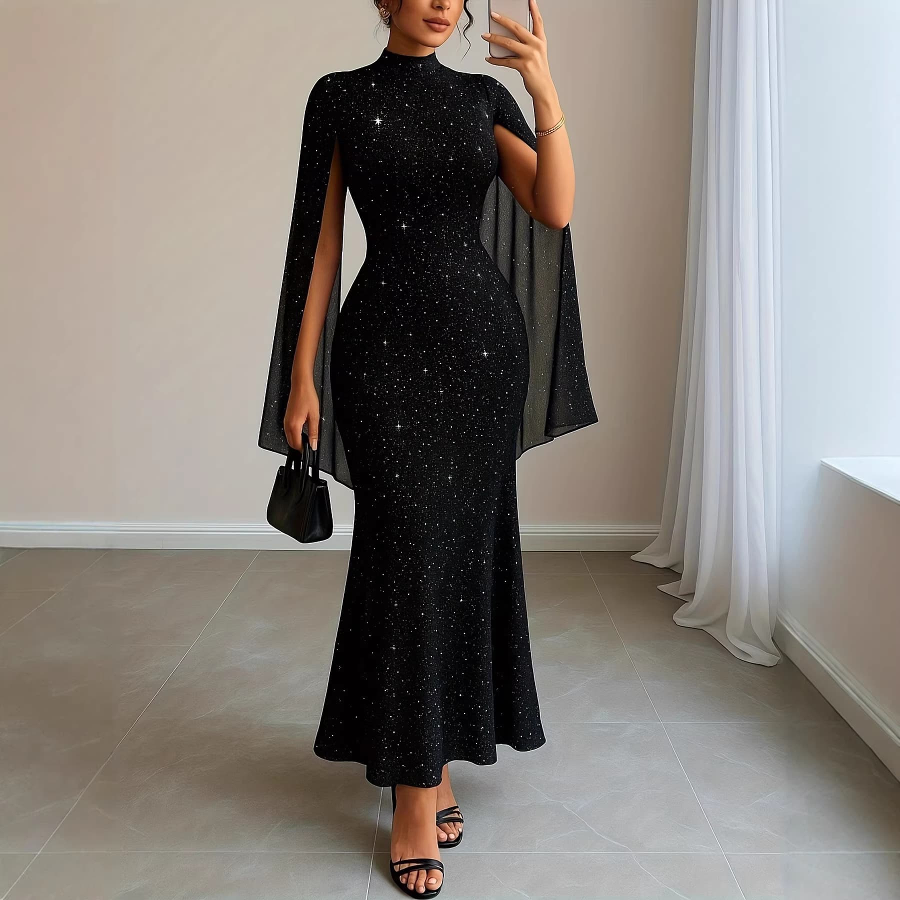2026 Amazon AliExpress independent station European and American cross-border slim fit fishtail hem long-sleeved l sparkling dress
