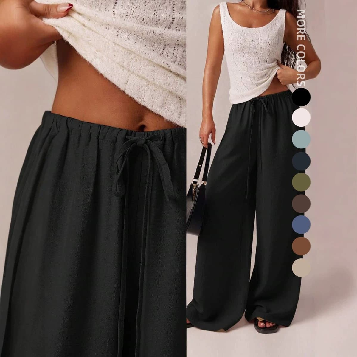 2026 Spring New European and American Women's Fashion Amazon Solid Color Elastic Waist Drawstring Wide Leg Casual Pants