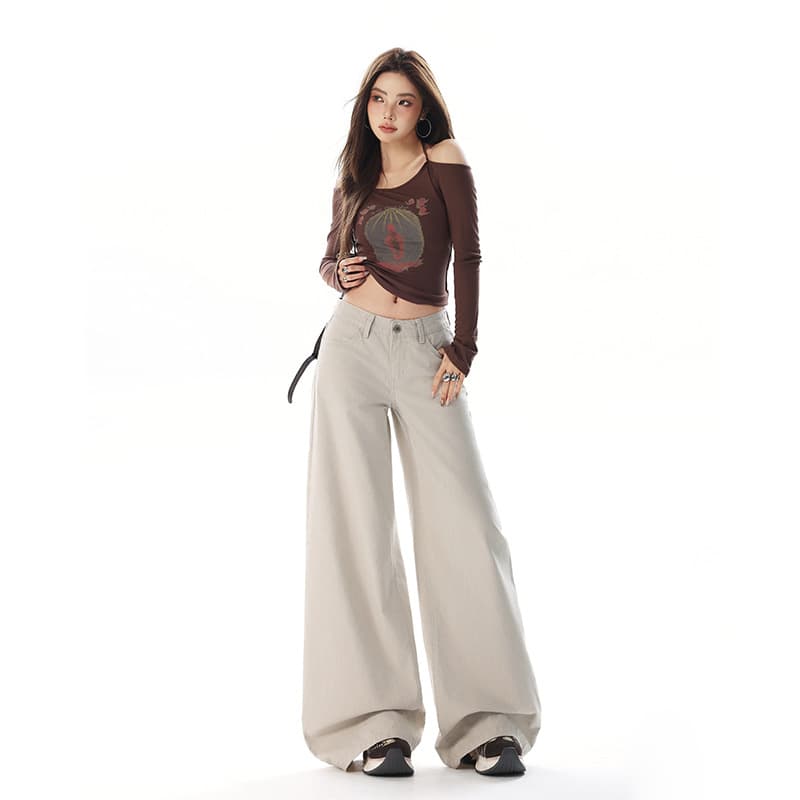 2026 Spring New Casual Washed Pearl Canvas Fabric American Low-Waist Slimming Loose Wide-Leg Casual Jeans