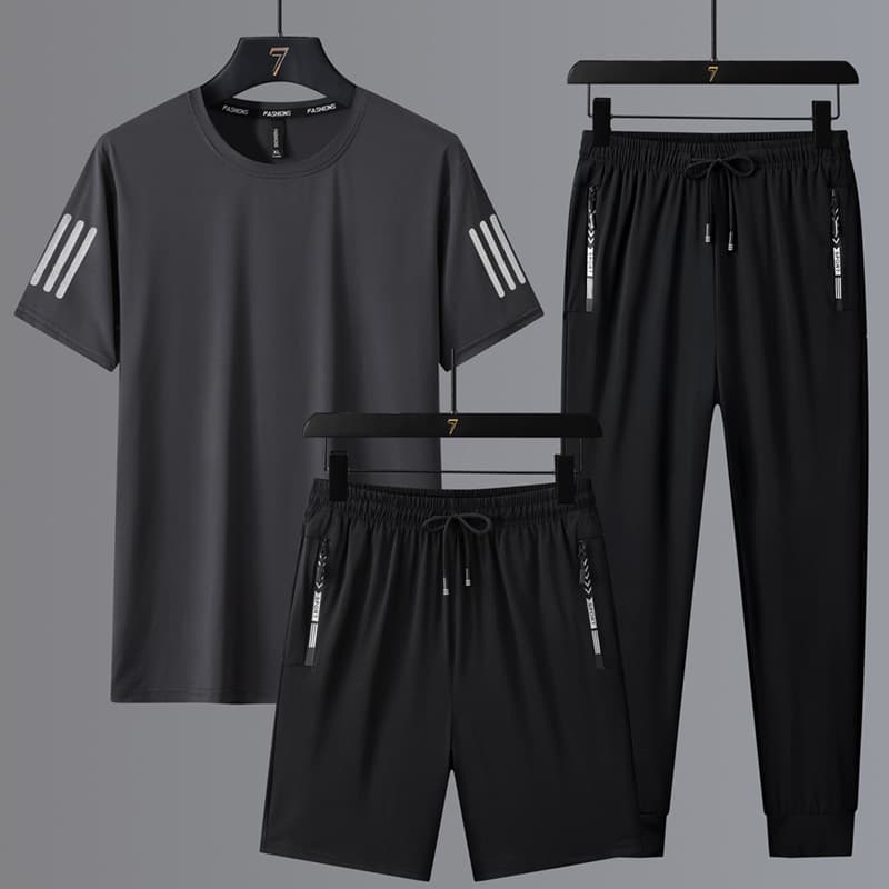 Summer Men's Big Size Ice Silk Sport Leisure Suit Men's Round Neck T-Shirt Loose Quick Dry Short Sleeve Long Pants 3-Piece Set