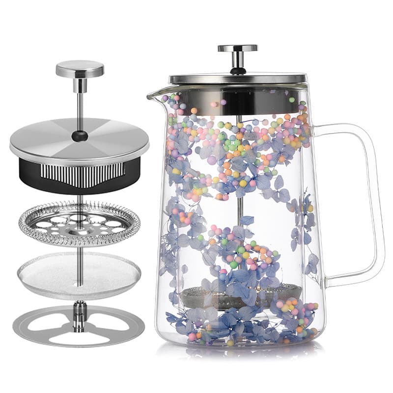 Dried Flower Double-Wall Glass French Press Heat-Resistant Coffee Pot Insulated Coffee Maker Household Filter Tea Infuser Sharing Carafe