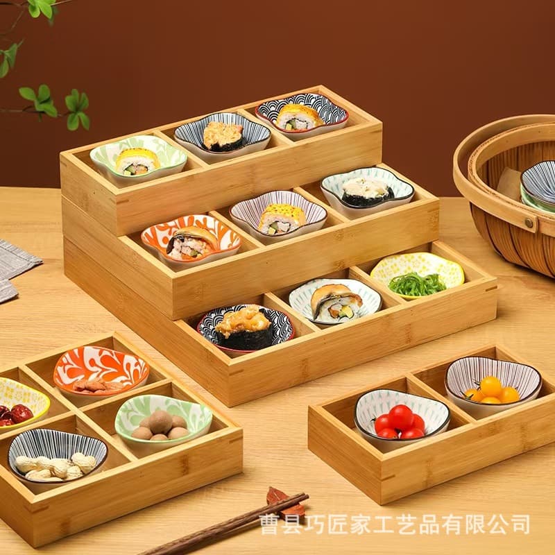 Jiugong grid tray bamboo hot pot side dish serving tray square stove tea snack tray solid wood snack tray