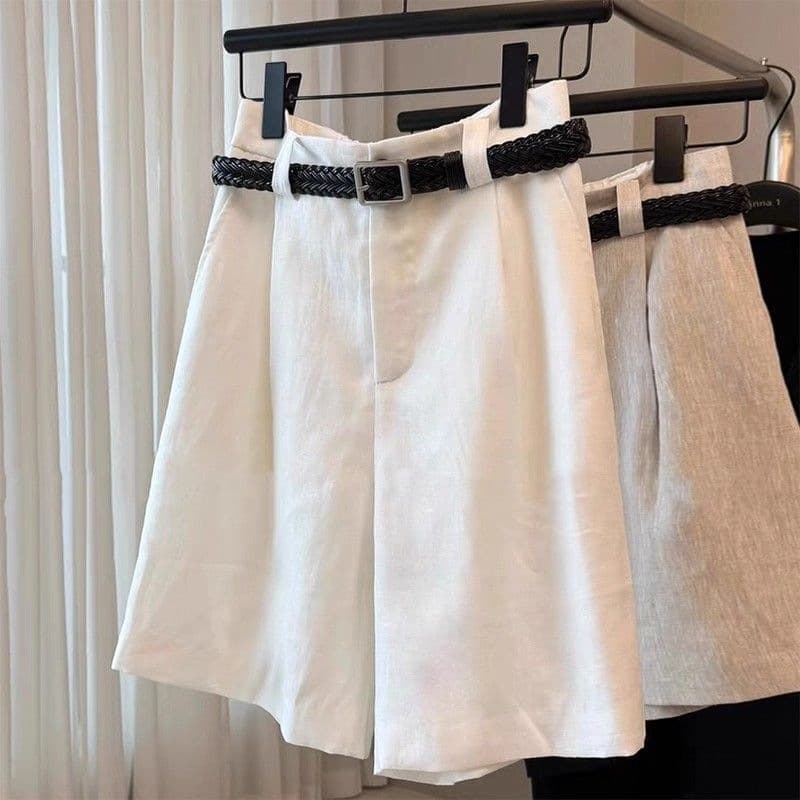 Korean style women's high-end white linen wide-leg five-point pants summer new old money style thin simple shorts