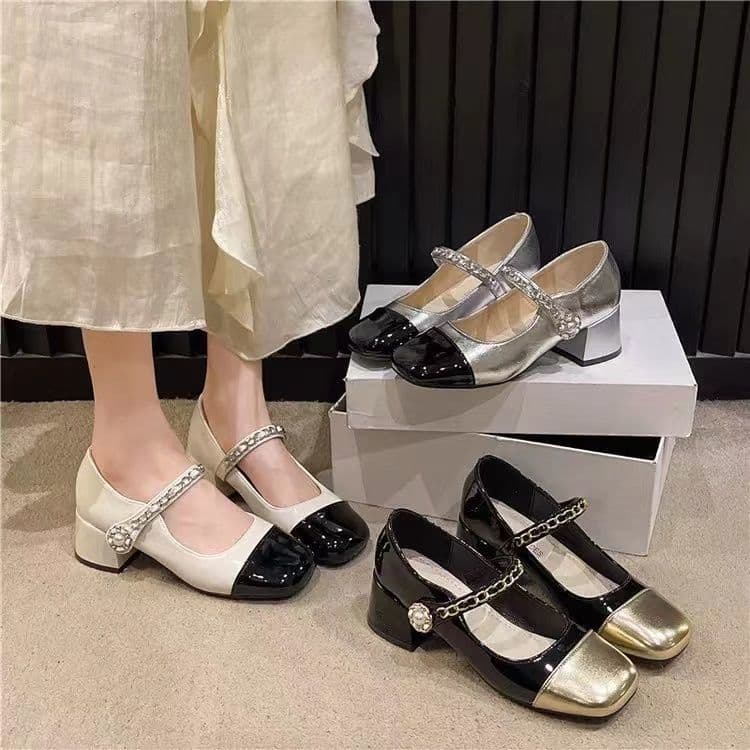 Early Spring Pearl Shoes Retro Thick Heel Medium Heel Small Leather Shoes Autumn Small Fragrance Style Mary Jane Shoes Women's 2024 New Style