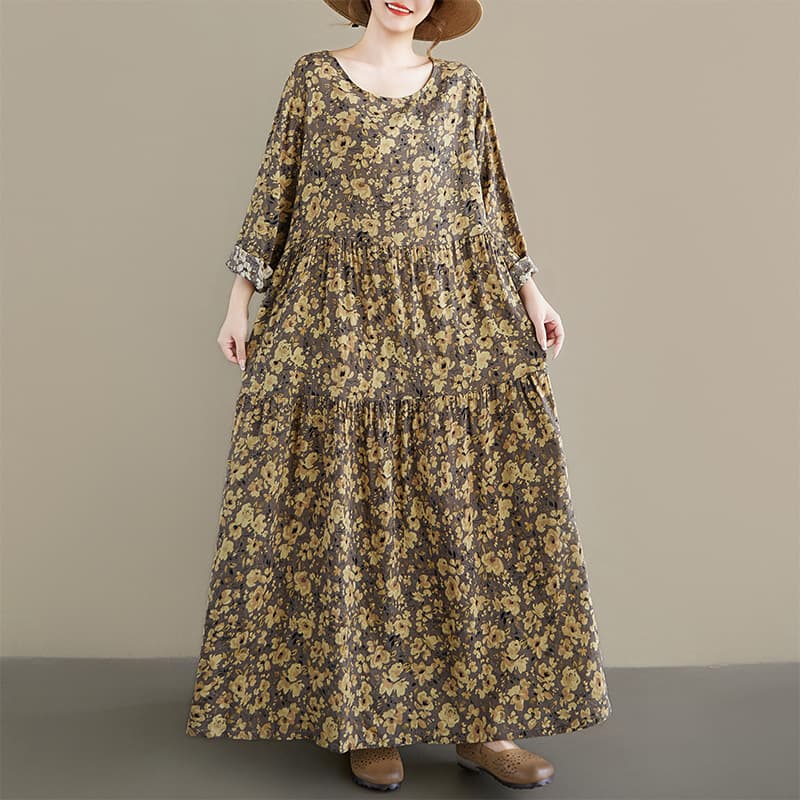 Women's Plus Size Dress 2026 Spring New Round Neck Long Sleeve Linen Cotton Vintage Pleated Middle-aged Mother's Dress Export Style
